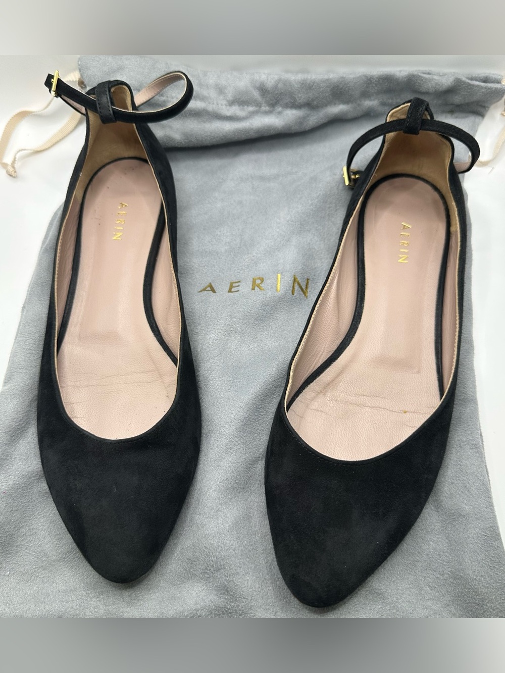 Aerin Black Suede Pointed-Toe Ankle-Strap Flats